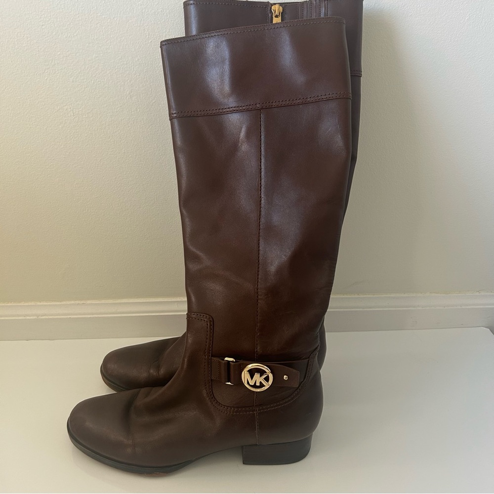 Michael Kors Brown Leather Boots Gold Logo Size 8 - Picture 3 of 7